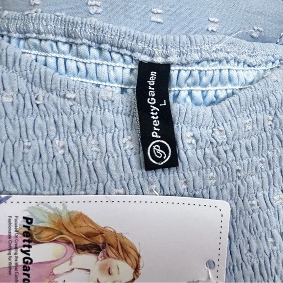 NEW PRETTY GARDEN L Maxi Dress Smocked Swiss Dot High Waist V Neck Tiered Blue - Picture 12 of 15